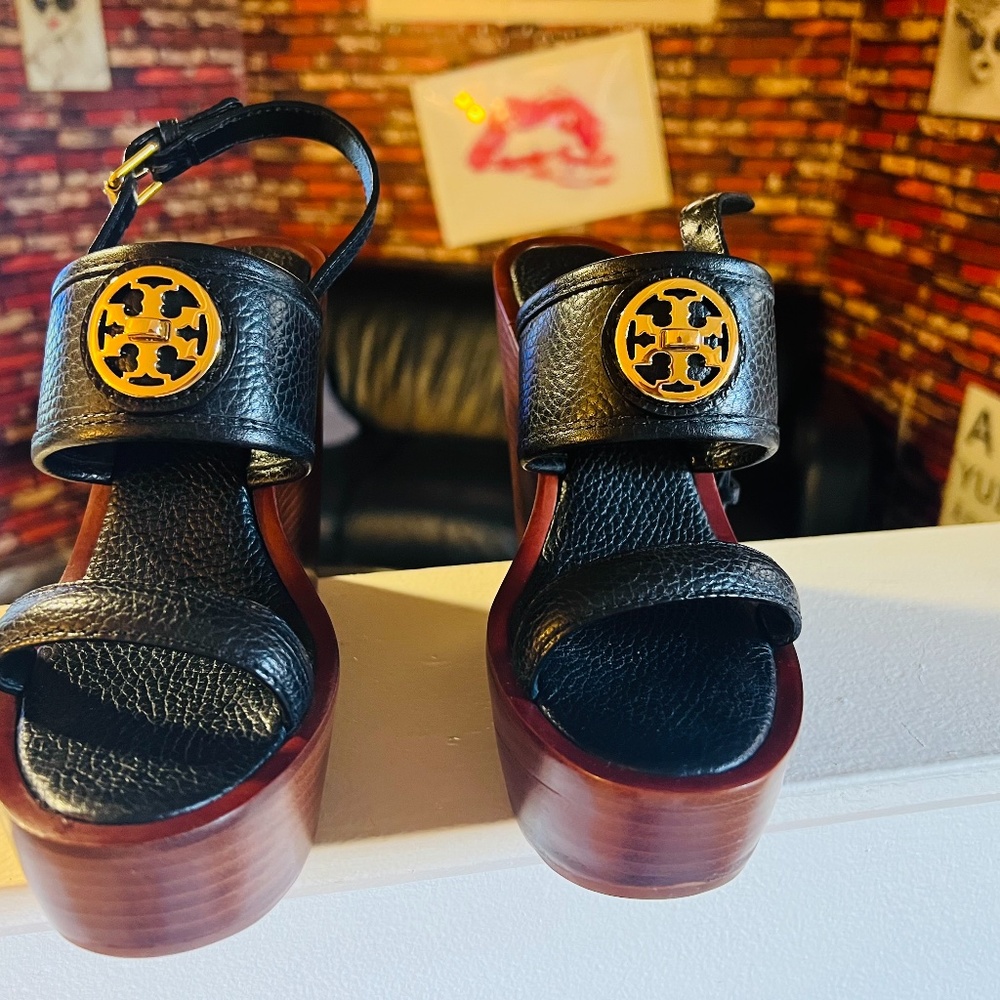 Tory Burch -Black Leather- Strappy Wooden Wedges- Size 5